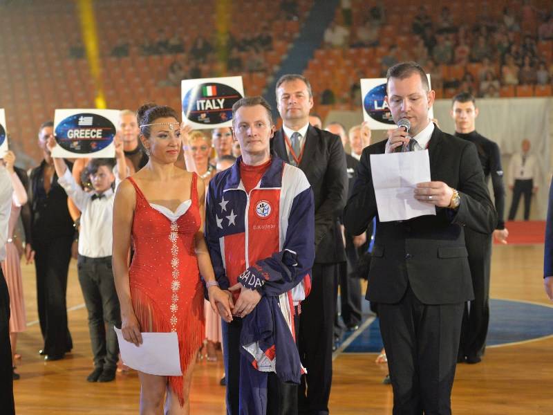 Denis Kojinov and Jeanette Chevalier at opening ceremony World Championship 10-dance in Albania